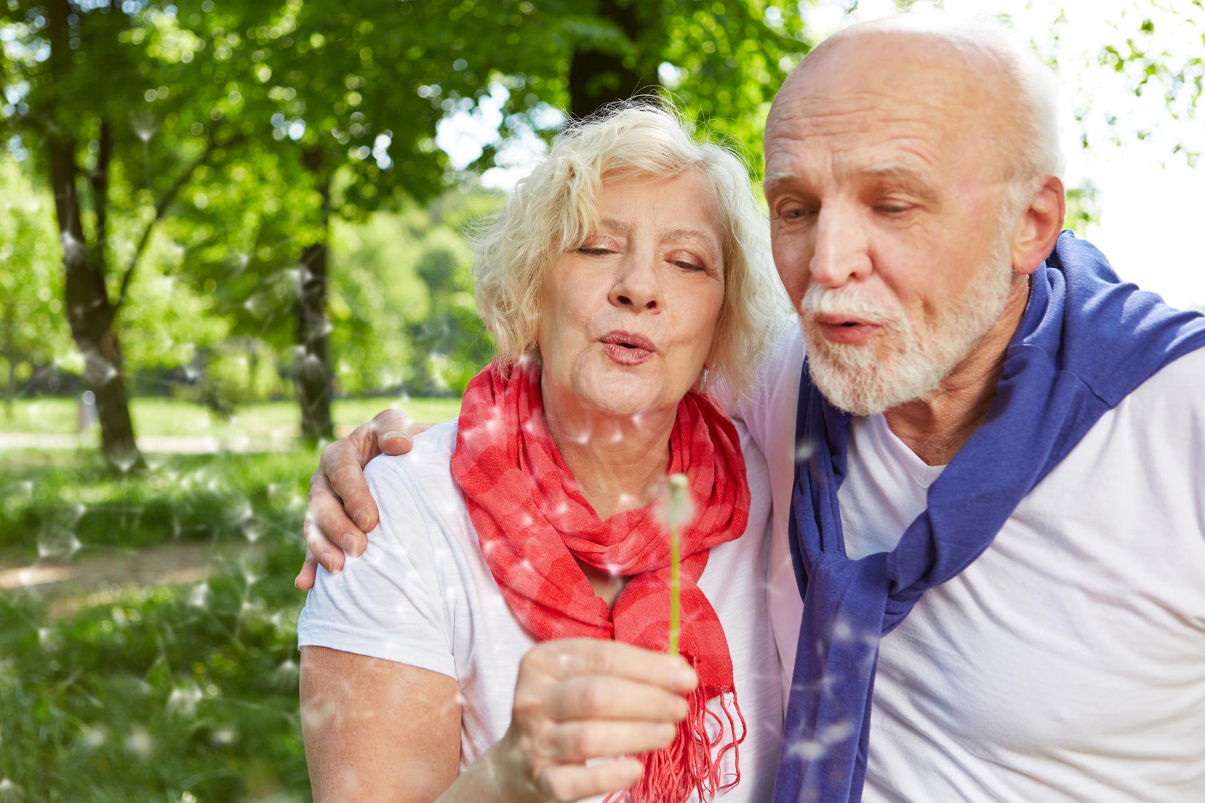Couple de personnes âgées en maison de retraite entrain de souffler sur une fleur